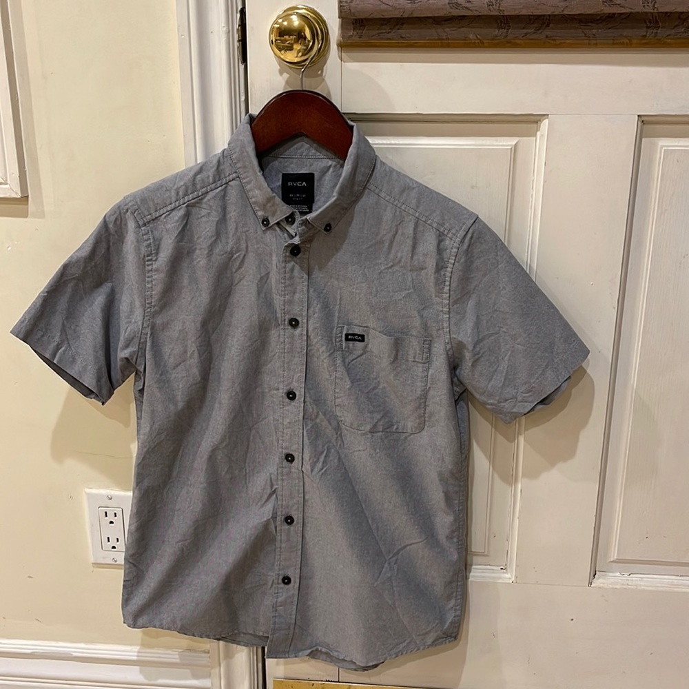 RVCA gray button down shirt extra small fits young teen boy